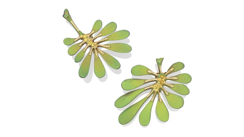 Maison Alix Dumas “Leaves” earrings in recycled 18-karat yellow gold and anodized titanium with sapphire and tsavorites