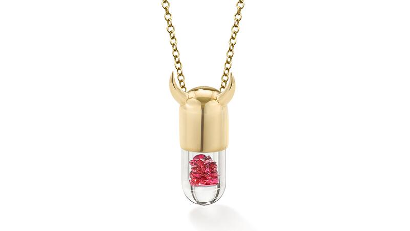 <a href="https://www.robinsonpelham.com/products/mini-ruby-elixir-of-temptation-pendant?srsltid=AfmBOoofOx-DMOqIzylGpTXEXeqvNOSGZGu7qqqgDlZfZtzZLYAcCvI6" target="_blank"> Robinson Pelham</a> “Mini Elixir of Temptation” pendant with floating red rubies in a glass vial set in a 9-karat yellow gold horned cap ($1,610) 20251030_12-Robinson Pelham.jpg