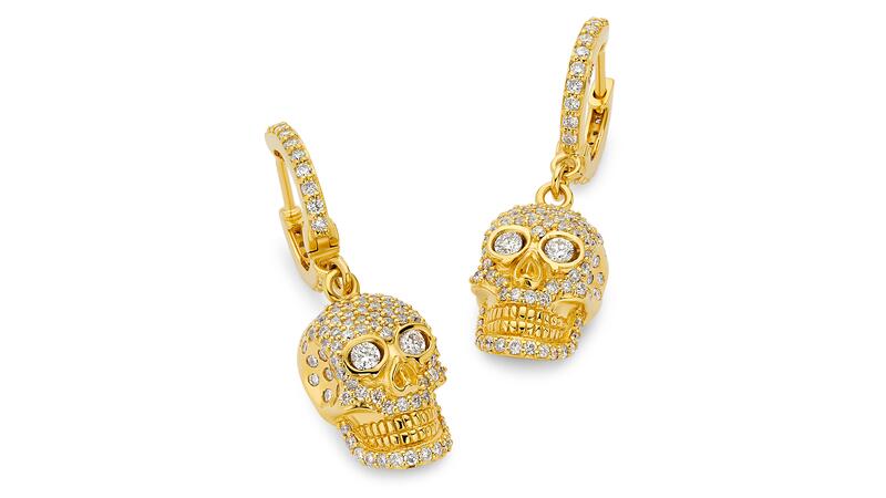 <a href="https://buddhamama.com/" target="_blank"> Buddha Mama</a> "Skull" pavé huggies in 20-karat yellow gold with diamonds ($12,500) 20251030_5-Buddha Mama.jpg