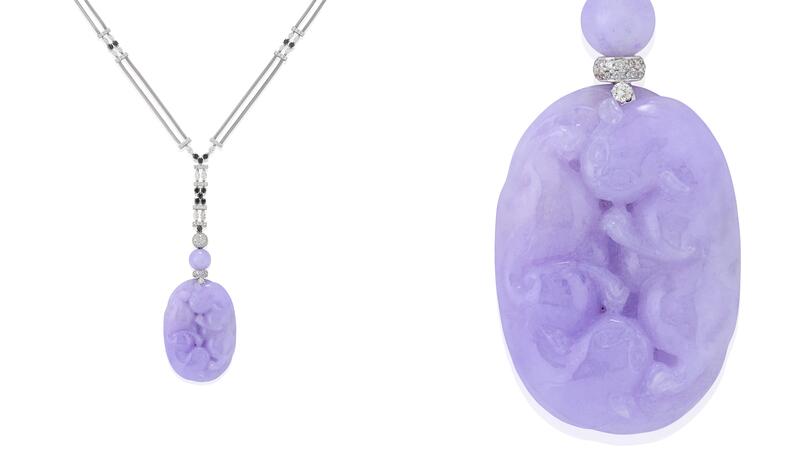 Sandy Lerner lavender jade cat pendant