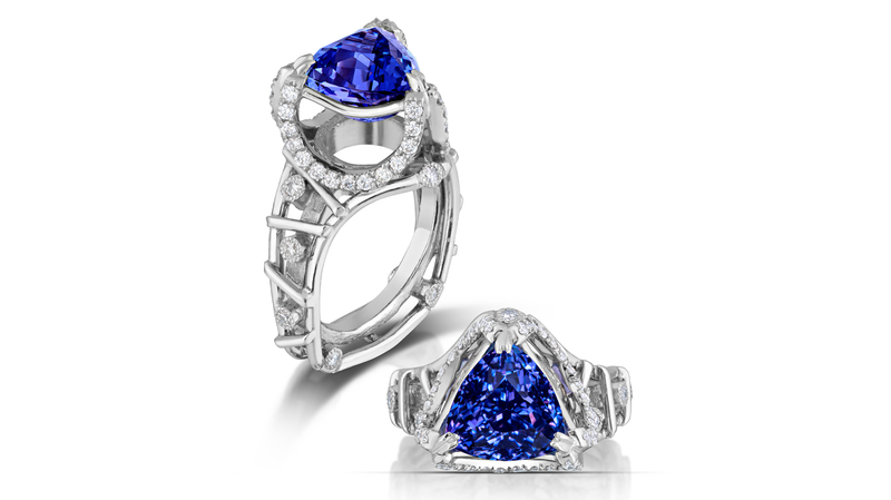 <b>Best Use of Platinum Crown.</b> Brenda Smith of Brenda Smith Jewelry’s platinum hand-fabricated ring featuring a 6.54 ct. trillion-cut tanzanite accented with round diamonds (1.25 total carats)