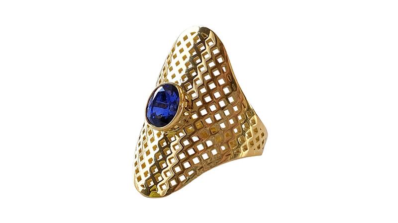 Ray Griffiths Crownwork® ring with pave blue sapphires in 18-karat yellow gold and oxidized silver