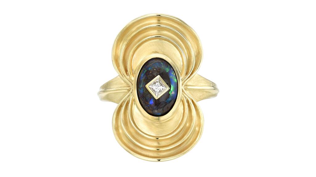 Meredith Young “Nebula Ring” in 18-karat gold with a princess-cut diamond set in Australian boulder opal