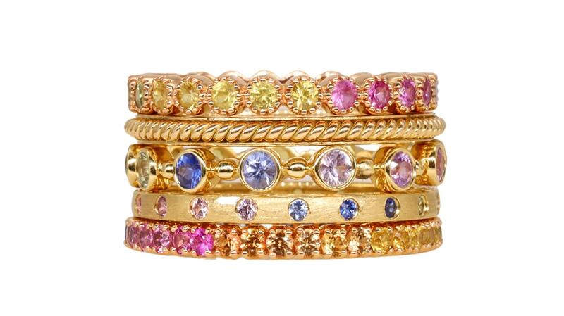 Sethi Couture Rainbow No. 7 ring stack with rainbow sapphires set in 18-karat gold rose and yellow gold
