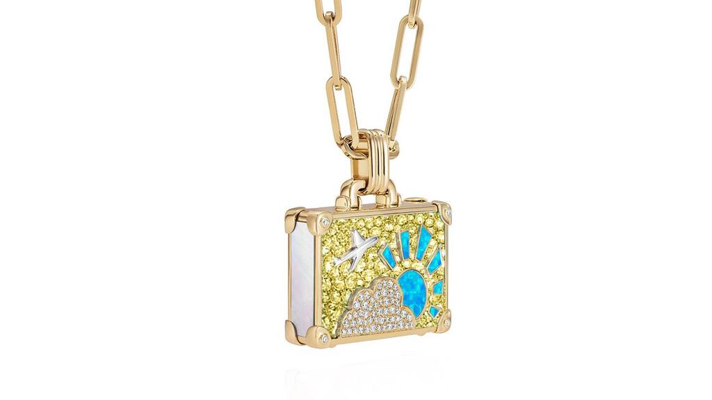 NeverNot “City of Light” necklace in 14-karat yellow gold with opal and sapphire pavé on a 20-inch chain