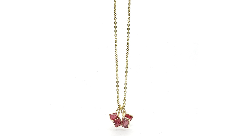 <a href=" https://www.alisonnagasue.com/" target="_blank"> Alison Nagasue</a> 14-karat gold necklace with bezel-set red spinel natural cube crystals cluster ($1,870)