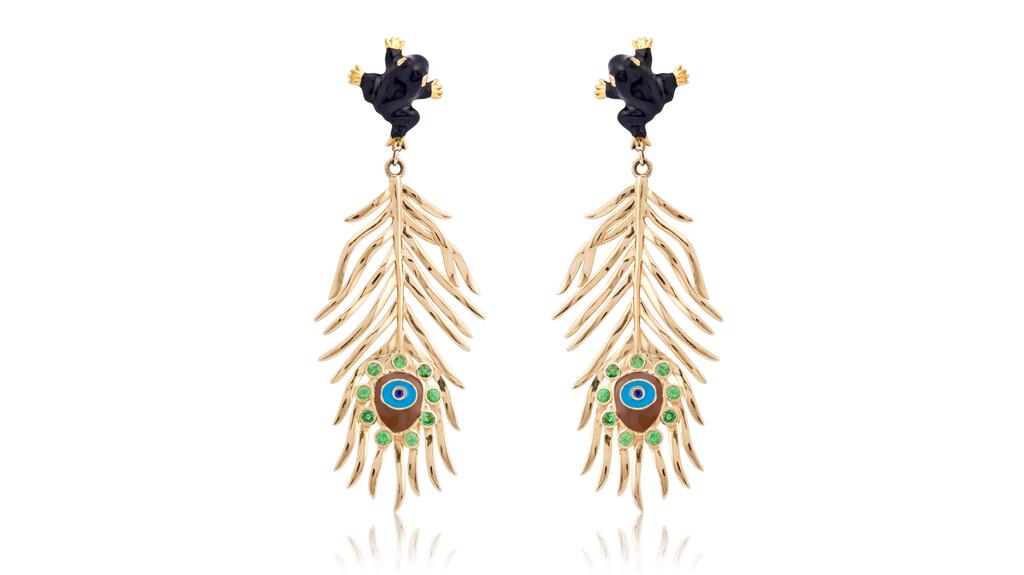 Onirikka earrings in 18-karat yellow gold with enamel, diamonds, sapphires, and tsavorites