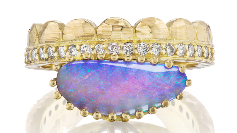Half Moon Crown Ring in 18-karat Fairmined yellow gold with Australian opal and 0.35 carats of diamonds ($3,780)
