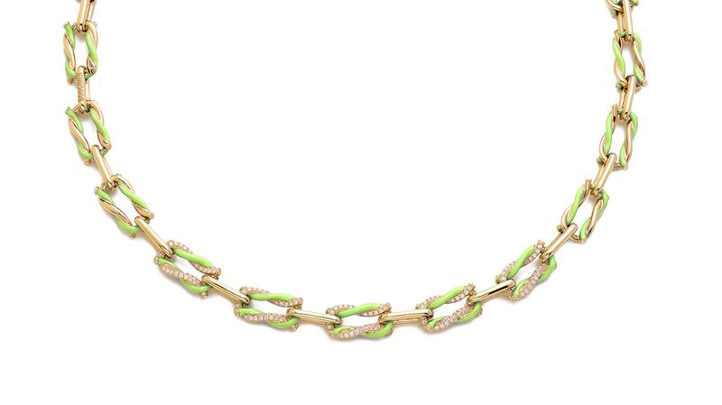 “Fruit Hoops Necklace” in 18-karat yellow gold with 1.1 carats of diamonds and lime green enamel ($20,380)