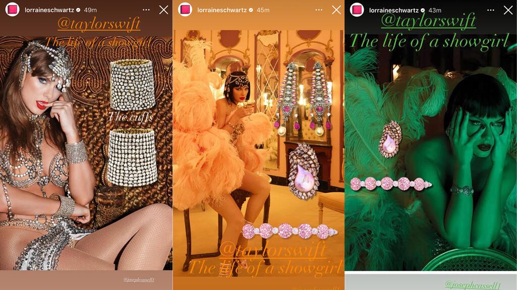 A series of posts uploaded to Lorraine Schwartz’s Instagram story on Thursday detailing the designer’s pieces seen in new promotional imagery of Taylor Swift. Lorraine Schwartz Taylor Swift