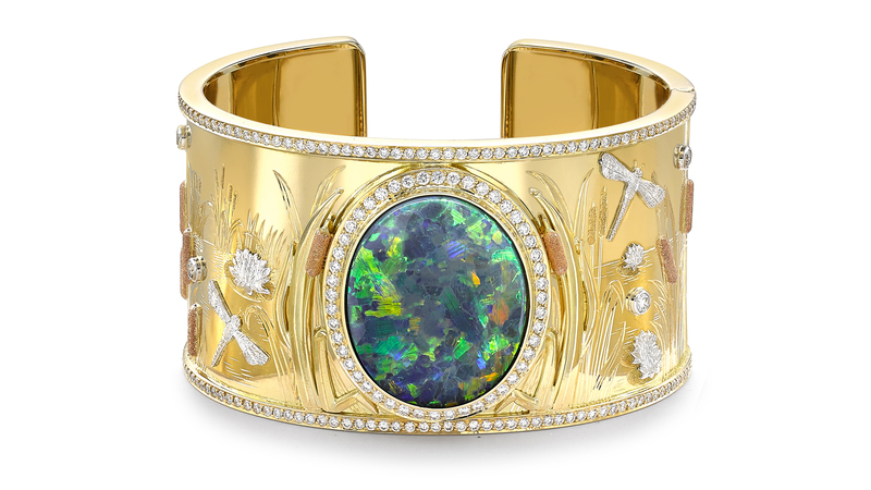 <a href="https://www.theofennell.com/" target="_blank">Theo Fennell</a> 18-karat yellow gold, diamond, and black opal “Lily Pond” cuff bangle (price upon request)