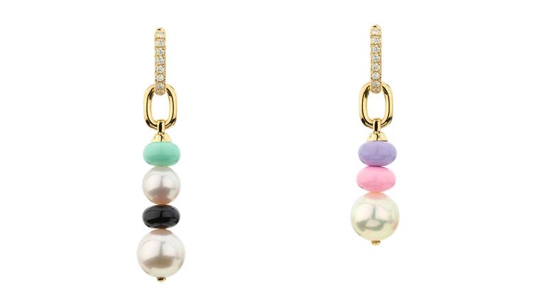 “B-Boy” single earrings in 18-karat yellow gold with Japanese Akoya pearls, 0.2 carats of diamonds, and enamel (left: $1,800; right: $1,700)