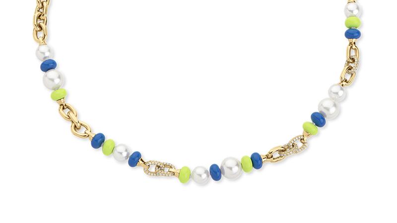 “B-Boy” necklace in 18-karat yellow gold with Japanese Akoya pearls, 1 carat of diamonds, and enamel ($13,520)