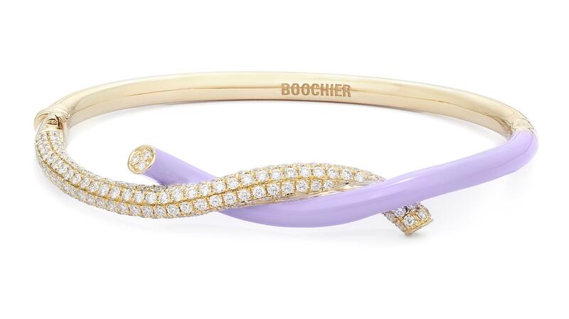 The “Lilac Fruit Hoops Bangle” in 18-karat yellow gold with 1.8 carats of diamonds and enamel ($10,300)