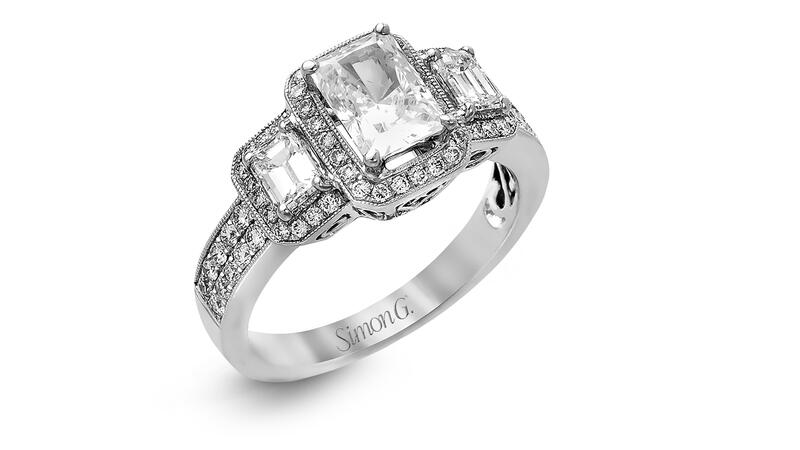 Simon G. three-stone engagement ring