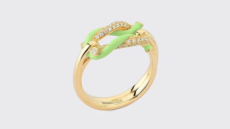“Fruit Hoops Buckle” ring in 18-karat recycled yellow gold with 0.2 carats of white diamonds and enamel ($2,960)