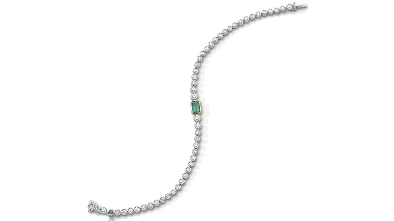 The gold versions of the tennis bracelets come in 18-karat white and yellow gold. Pictured is a white gold, bezel-set bracelet with a half-carat emerald ($12,485 to $13,185, depending on length). (Photo courtesy of Monica Rich Kosann)