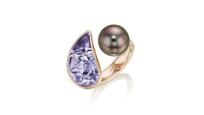 <a href="https://assael.com/" target="_blank">Assael </a> amethyst and Tahitian natural color cultured pearl ring set in 18-karat rose gold ($14,800)