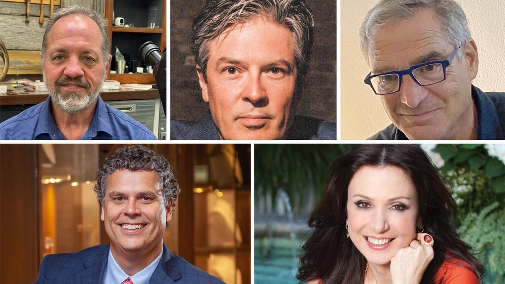 At top (left to right) Blaine Lewis, Clay Zava, and Jerry Raine. At bottom, Craig Underwood (left) and Erica Courtney (right) AGTA spectrum judges 2025
