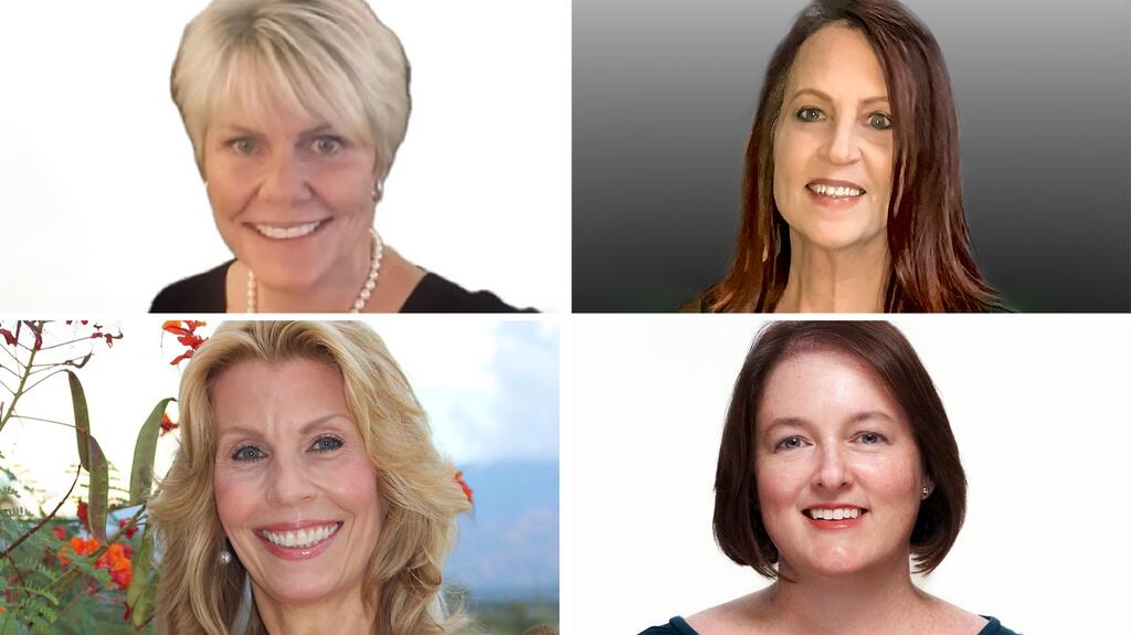 At top, Billie Norville (left) and Cher Norville (right), and at bottom, Patti Norville Spector (left) and Jenny Luker (right). AGTA spectrum sponsored award judges 2025
