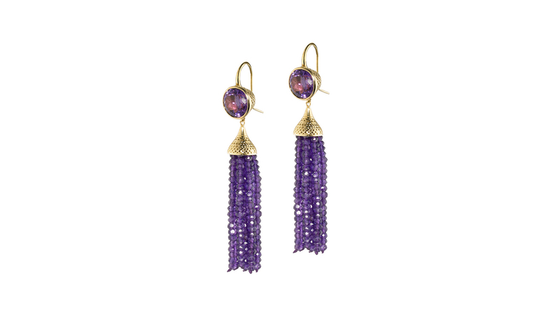 <a href="https://raygriffiths.com/jewelry/amethyst-tassel-earrings/ " target="_blank">Ray Griffiths </a> amethyst tassel earrings in 18-karat yellow gold ($4,170)
