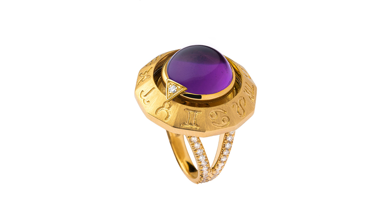 <a href="https://www.jennydeejewelry.com/jewel/astronomica-ring-2/" target="_blank">Jenny Dee </a> 18-karat yellow gold “Astronomica” ring with amethyst cabochon and white diamonds ($6,420)