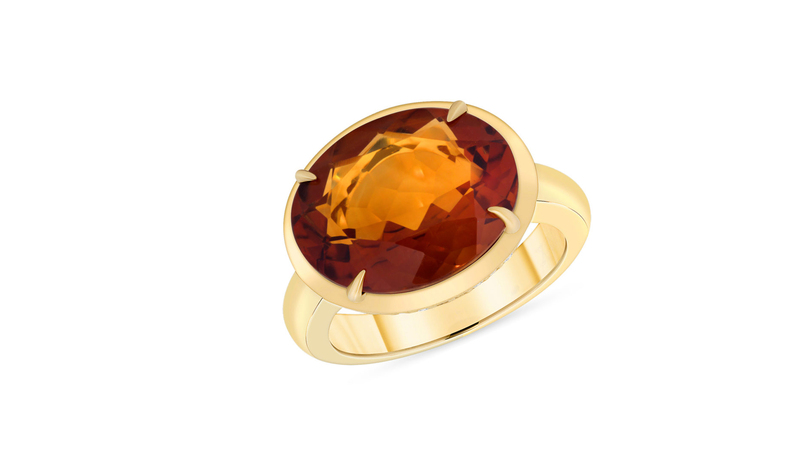 <a href="https://www.ounceofsaltjewelry.com/product/burgundy-topaz-ring/" target="_blank"> Ounce of Salt Jewelry</a> burgundy topaz cup ring with diamonds set in 14-karat gold with brushed matte finish ($3,300)