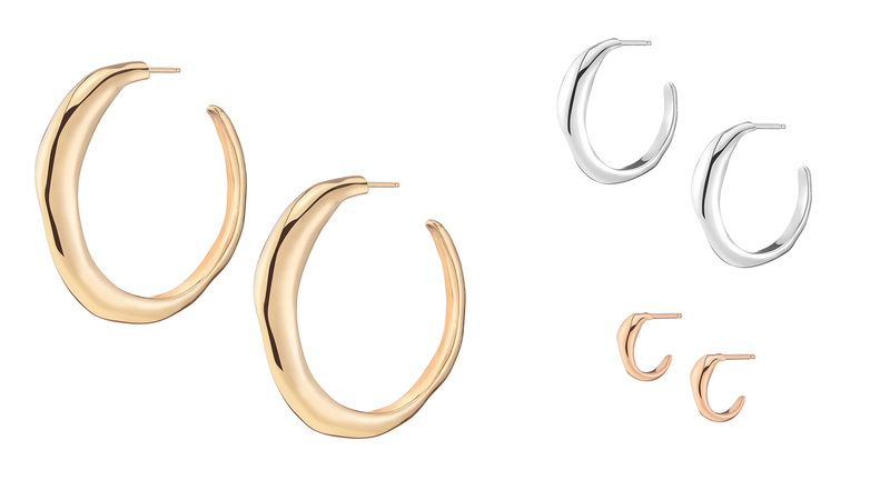 The new collection includes 14-karat gold vermeil hoop earrings in small ($400), medium ($450), and large ($650) sizes.