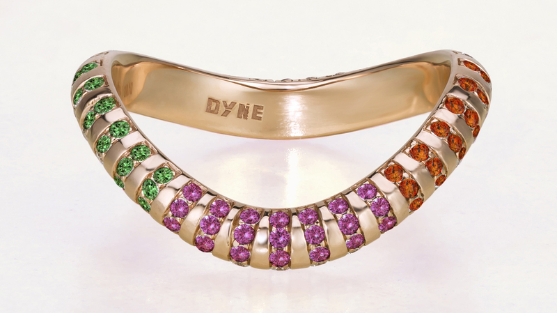Dyne’s “Archery Ring” in 18-karat rose gold with pink and orange sapphires and tsavorite garnets ($5,790)