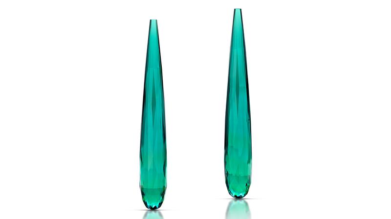 <b>Pairs & Suites, First Place.</b> Robert Knupfer of Knupfer International Gems Inc.’s pair of blue/green briolette drop tourmalines (75.57 total carats)