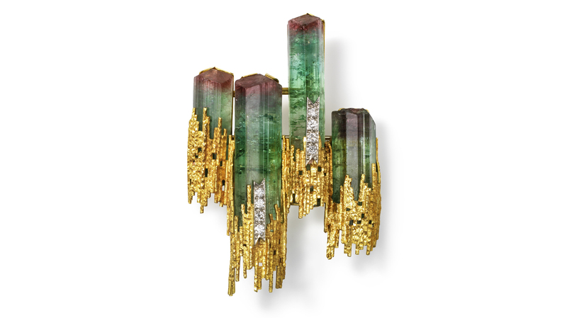 Andrew Grima (British, b. Italy, 1921–2007), Brooch, 1969, gold, watermelon tourmaline, diamonds, Courtesy of the Cincinnati Art Museum, Collection of Kimberly Klosterman, Photography by Tony Walsh