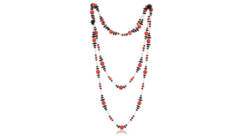 This Assael necklace with Sardinian coral, black onyx, and diamond briolettes measures 63.5 inches and comes with an additional connector necklace not pictured for a total length of more than 90 inches. ($125,000)