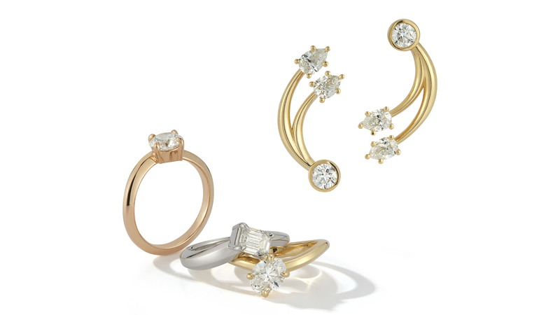 Lower left, the three rings in the “Stack Your Carats” sub-collection range in price from $18,737 to $27,951 retail, while the “Shooting Star” diamond earrings are $29,778, and are available in rose, white or yellow gold.