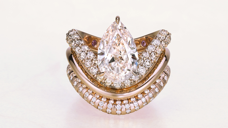 An “Archery” bridal stack with plain 18-karat rose gold band ($1,400), striped 18-karat rose gold and diamond band ($7,245) and pink diamond engagement ring (price upon request)