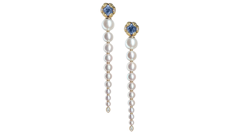 Supplier: Jewelry $5,001 to $10,000. K8 Jewelry, Designed by Kate Hubley.  Vive Collection shoulder duster earrings with 20 graduated freshwater pearls, Ceylon sapphires (1.20 total carats) and diamonds (0.26 total carats) set in 18-karat gold ($5,900)