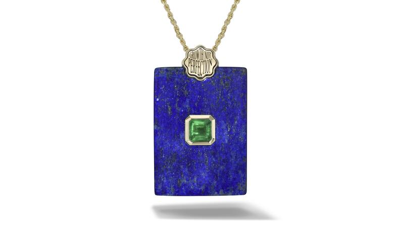 <a href="https://www.retrouvai.com/" target="_blank"> Retrouvaí </a> one-of-a-kind Talisman pendant in 14-karat yellow gold with emerald in lapis (price upon request)