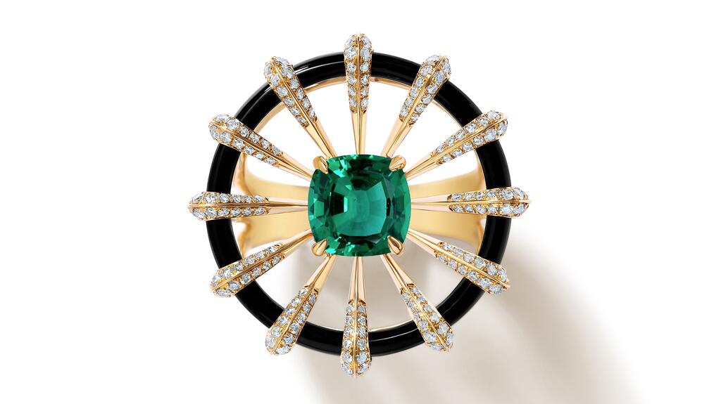 State Property “Borsh Discus” ring in 18-karat yellow gold with a 1.85-carat emerald, 1.87 carats of diamonds, and black onyx