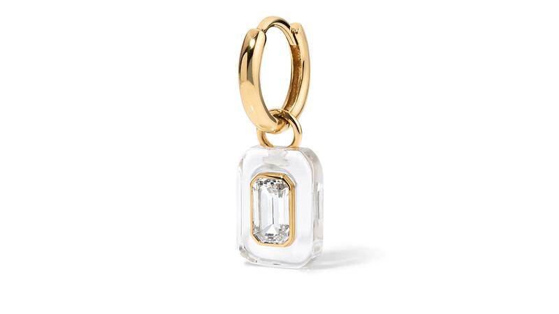 A “Column” huggie earring featuring an emerald-cut lab-grown diamond in 14-karat yellow gold and “Claire” resin ($1,175) Alison Lou Lumière Column Huggie