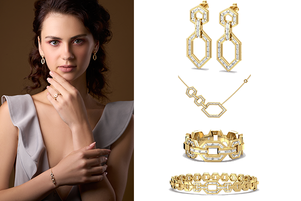 <a href="https://clartenewyork.com/collections/formes " target="_blank">Formes Collection</a>, from top to bottom: Formes Earrings: Our 14-Karat yellow gold Formes Earrings with Channel set diamonds ($1,489); Formes Pendant: Our 14-Karat yellow gold Formes Pendant with Channel set diamonds ($2,099); Formes Ring: Our 14-Karat yellow gold Formes Ring with with Channel set diamonds ($1,099); Formes Bangle: Our 14-Karat yellow gold Formes Bangle with Channel set diamonds ($2,299)