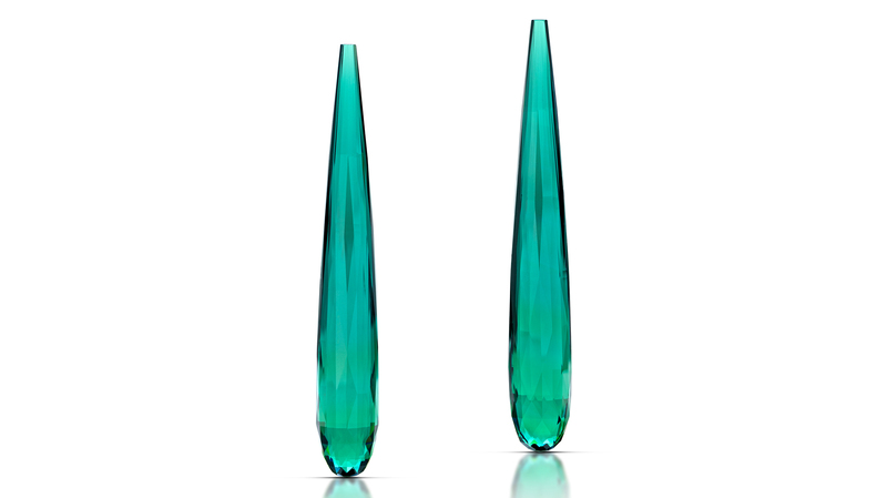 <b>Best of Single Entries—Cutting Edge.</b> Robert Knupfer of Knupfer International Gems Inc.’s pair of blue/green briolette drop tourmalines (75.57 total carats)