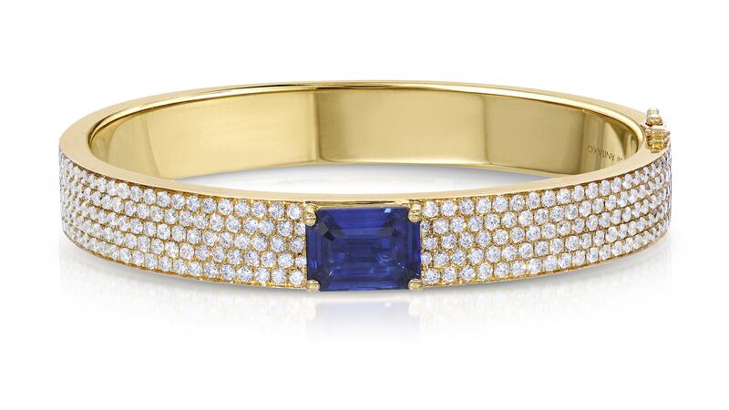 <a href="https://www.anitako.com/" target="_blank"> Anita Ko </a> pavé diamond oval bracelet with emerald-cut blue sapphire center set in 18-karat yellow gold ($80,850)