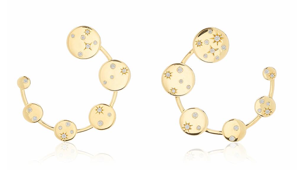 Made By Malyia’s 18-karat yellow gold “Progression Hoops with Constellation Diamonds” totaling 1.14 carats ($16,000) Made By Malyia Progression Hoops with Constellation Diamonds Earrings