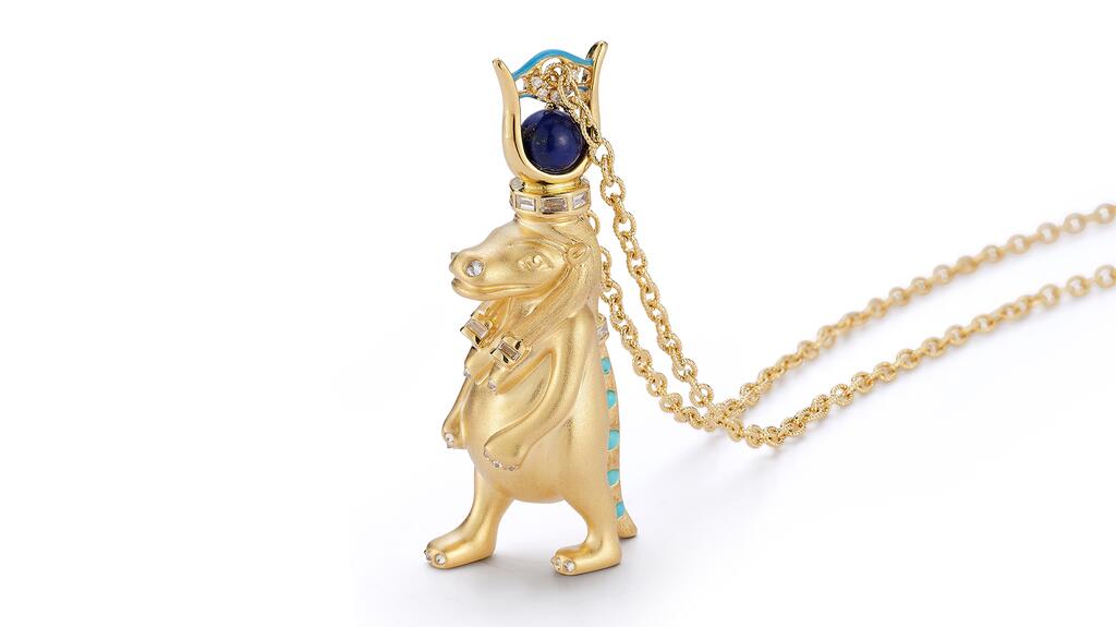 Renna “Tawaret” pendant  in 18-karat yellow gold set with lapis, turquoise, and diamonds ($15,000)