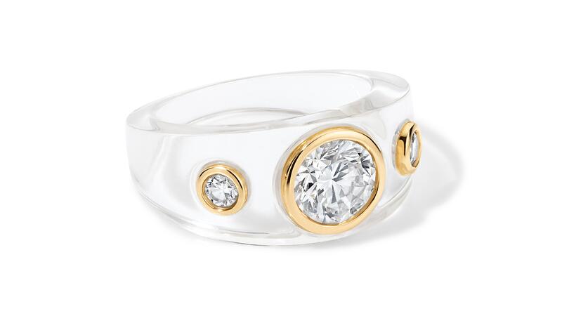 A cigar band ring in “Claire” resin with lab-grown diamonds totaling 1.75 carats set in 14-karat yellow gold ($2,275) Alison Lou Lumière Cigar Band