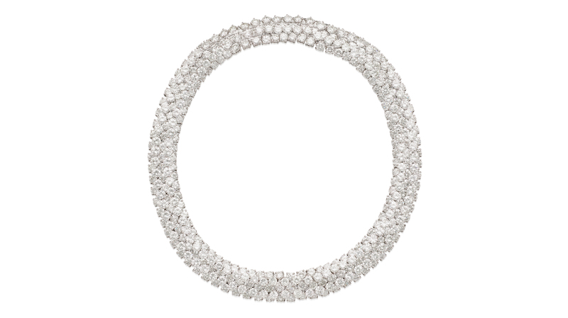 This Hammerman Brothers piece is comprised of two bracelets, each of which are composed of five rows of round brilliant-cut diamonds and a detachable segment of similar design to wear as a necklace (96.25 total carats) in platinum ($112,812).