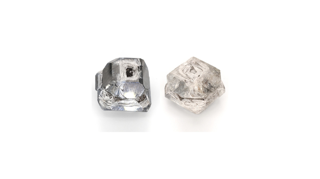 Pictured at right is the 150.42-carat lab-grown rough diamond produced by Meylor Global, while the 141.58-carat stone is pictured at right.