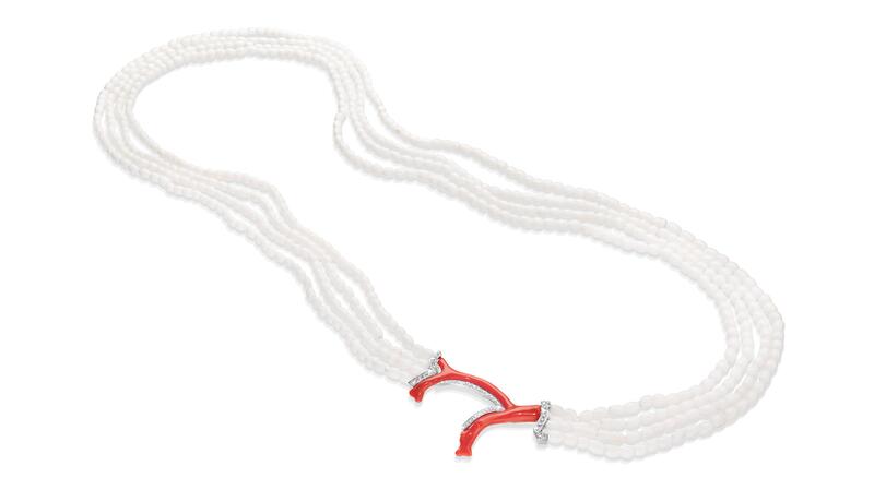 Retailer: Jewelry $5,001 to $10,000. Schullin, Designed by Hans Schullin. White coral bead and red coral branch necklace with diamonds (0.83 total carats) set in 18-karat white gold ($6,100)