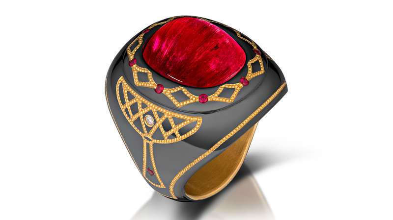 <b>Men’s Wear, First Place.</b> Zoltan David for Somewhere In The Rainbow’s knight steel and 24-karat yellow gold “The Kings” ring featuring a 29.09-carat purple-red cabochon tourmaline accented with 10 red spinels (0.15 total carats), diamonds (0.02 total carats), and patent inlay bead gold