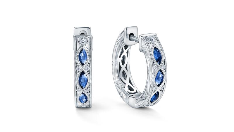 Kirk Kara Dahlia blue sapphire baguette engraved diamond hoop earrings