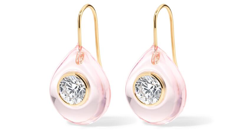 A pair of “Drip Drop” earrings in “Rose Claire” resin with 0.90 carats of lab-grown diamonds in 14-karat yellow gold ($2,595) Alison Lou Lumière Drip Drop Earrings